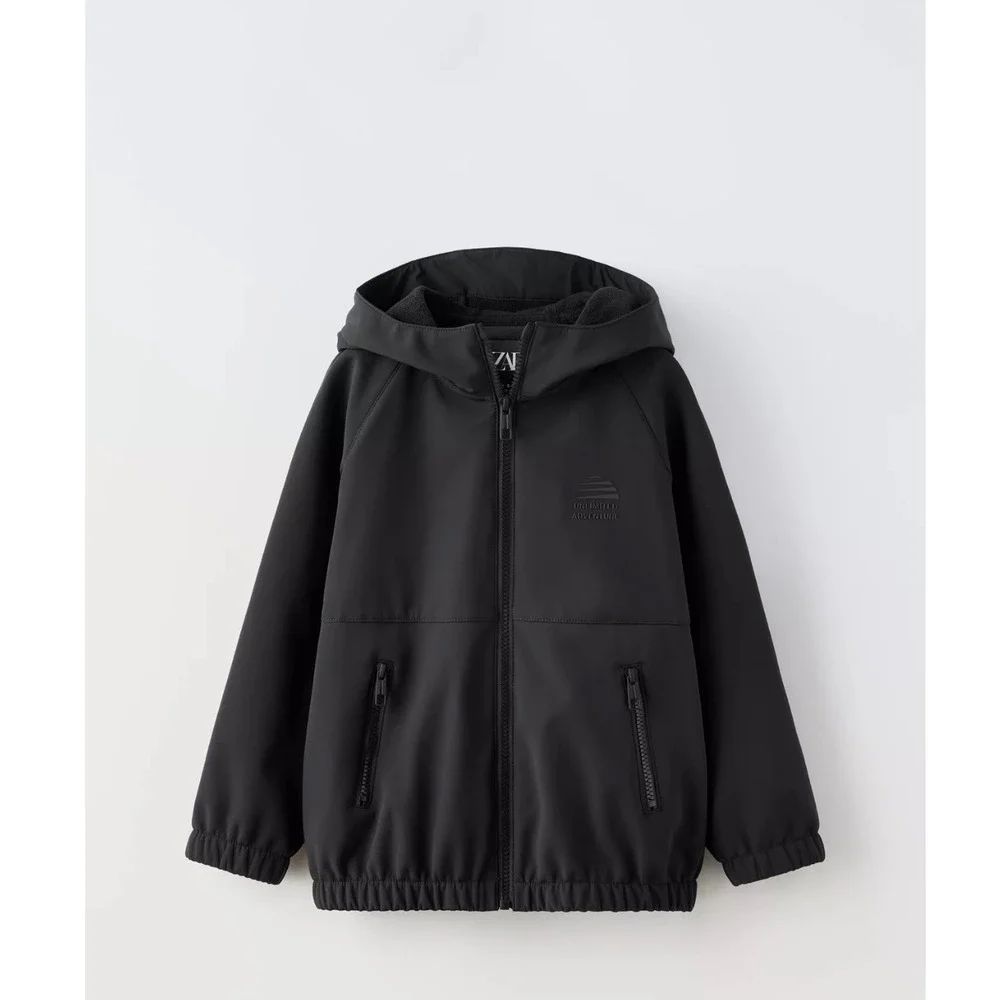 Zara Boys Black Hooded Raincoat Soft Shell Jacket 9 10 Fleece‎ Lined Techwear